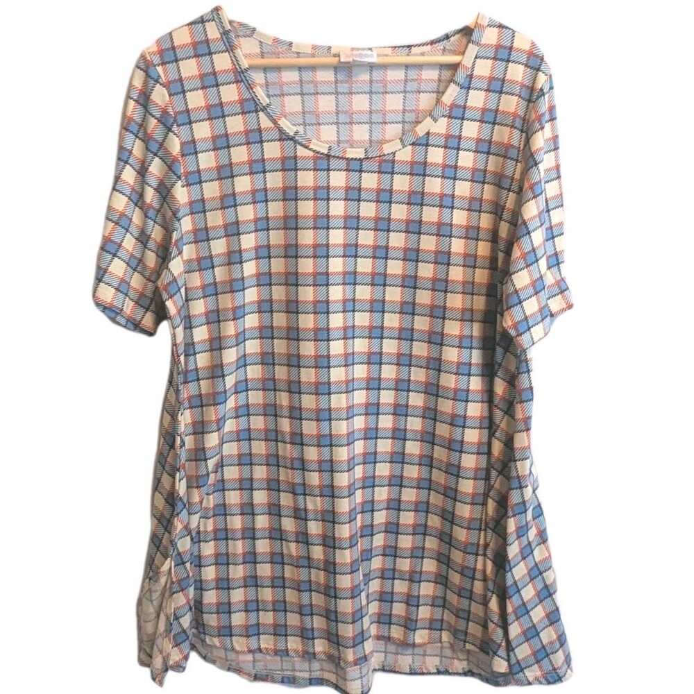 Lularoe Christy Hi Lo Blue & Red Plaid Top Tunic S/S Shirt Sz XL Cottagecore